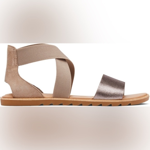 SOREL Women's Ella II Sandal Size 10 Metallic Leather Elastic Cross Strap Shoe - Picture 1 of 9